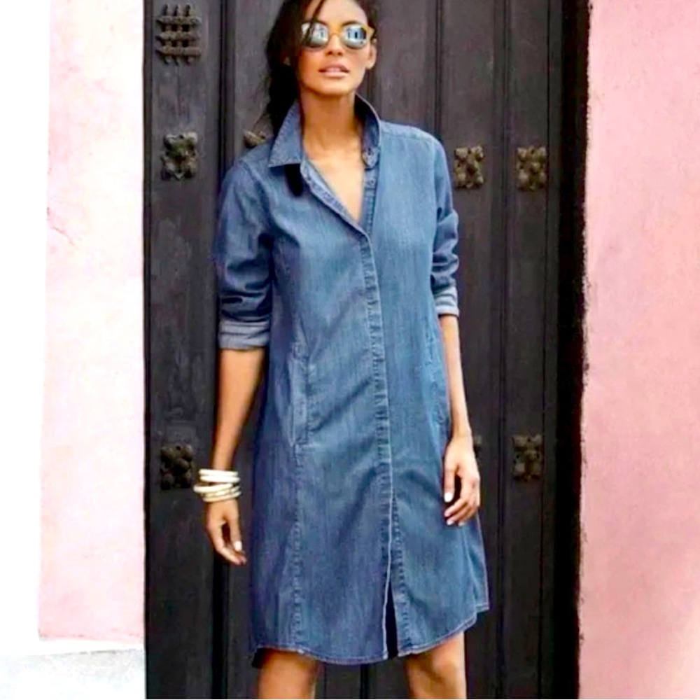 Eileen Fisher Medium Wash Chambray Button-Up Shirt Dress Women's Size M, EUC